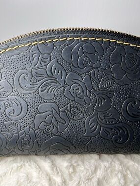 Embossed Floral Black Zip Leather Cosmetic Pouch